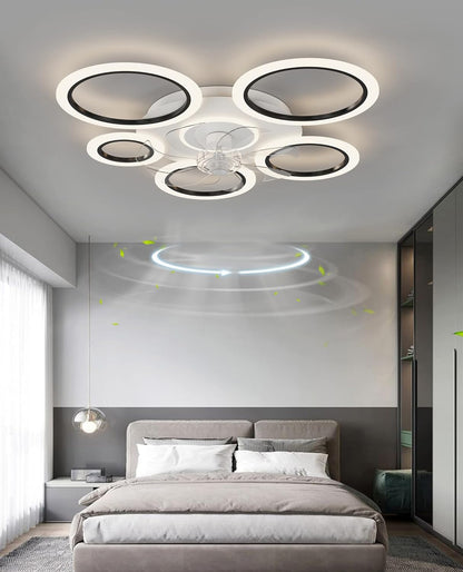 LuxiLamps - 6 Rings Ceiling Fan - Black - 6 Speeds - Dimmable With Remote Control and APP - Modern Circle Fan Light