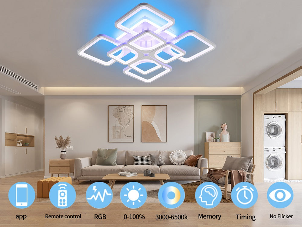 LuxiLamps - LED Bluetooth 4x4 RGB - Plafondlamp Met Afstandsbediening - Smart lamp Wit - Dimbaar Met App - Woonkamerlamp - Moderne lamp - Plafoniere