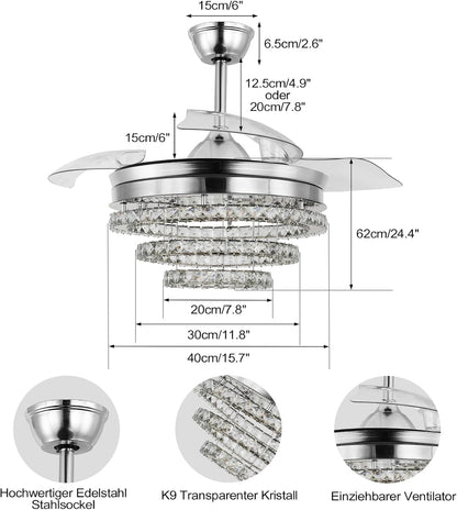 3 Ring Crystal Ventilator Lamp - Met Afstandsbediening - Stille Ventilator - 106 cm - Chroom - Timer - Woonkamerlamp Ventilator - Moderne Plafond Ventilator Lamp - Kroonluchter Ventilator