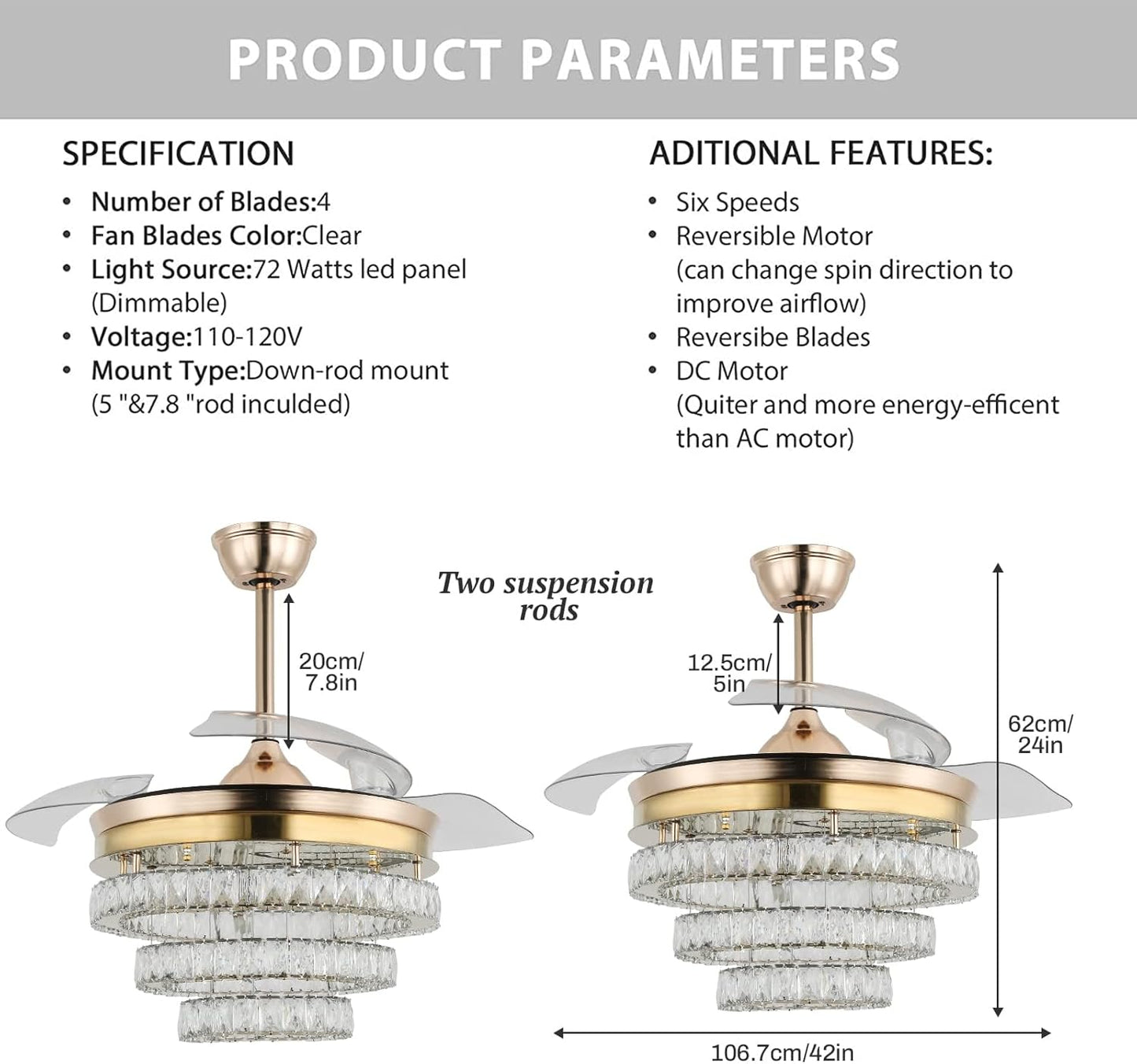 3 Ring Crystal Ventilator Lamp - Met Afstandsbediening - Stille Ventilator - 106 cm - Goud - Timer - Woonkamerlamp Ventilator - Moderne Plafond Ventilator Lamp - Kroonluchter Ventilator