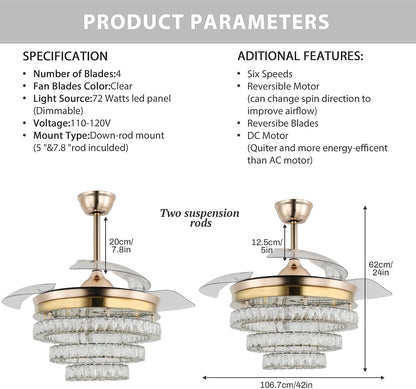 3 Ring Crystal Ventilator Lamp - Met Afstandsbediening - Stille Ventilator - 106 cm - Goud - Timer - Woonkamerlamp Ventilator - Moderne Plafond Ventilator Lamp - Kroonluchter Ventilator