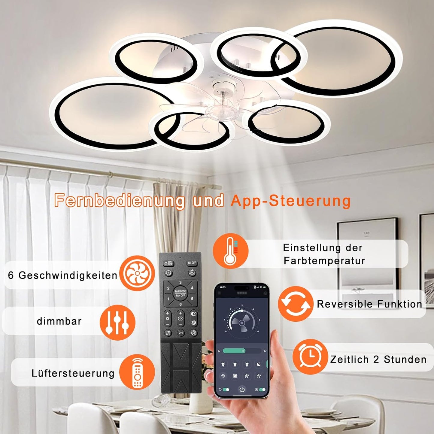 LuxiLamps - 6 Ringen LED Plafondventilator - Zwart - 6 Snelheden - Smart lamp - Dimbaar Met Afstandsbediening & APP - Moderne Cirkel Ventilator Licht - Kroonluchter Ventilator