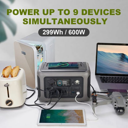 Powerstation - Generator - Aggregaat - Powerbank - Draagbare - 299Wh LiFePO4 - met 600W AC Uitgang en 2x 100W Zonnepaneel - voor Off-Grid, Camping en Noodstroom