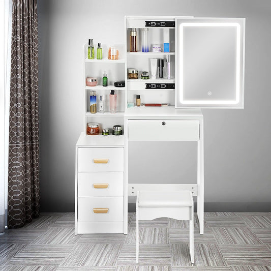 Moderne Witte Make-up tafel met Instelbare LED Verlichting - Kaptafel met Spiegel, 4 Laden - Met Slot en Aanpasbare Planken - Stijlvolle Opslag voor Make-up
