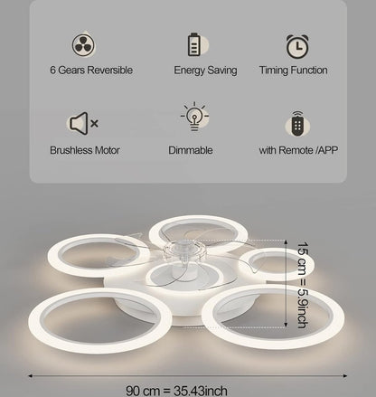 6 Ringen Plafondventilator - Wit - 6 Snelheden - Dimbaar Met Afstandsbediening en APP - Moderne Cirkel Ventilator Licht