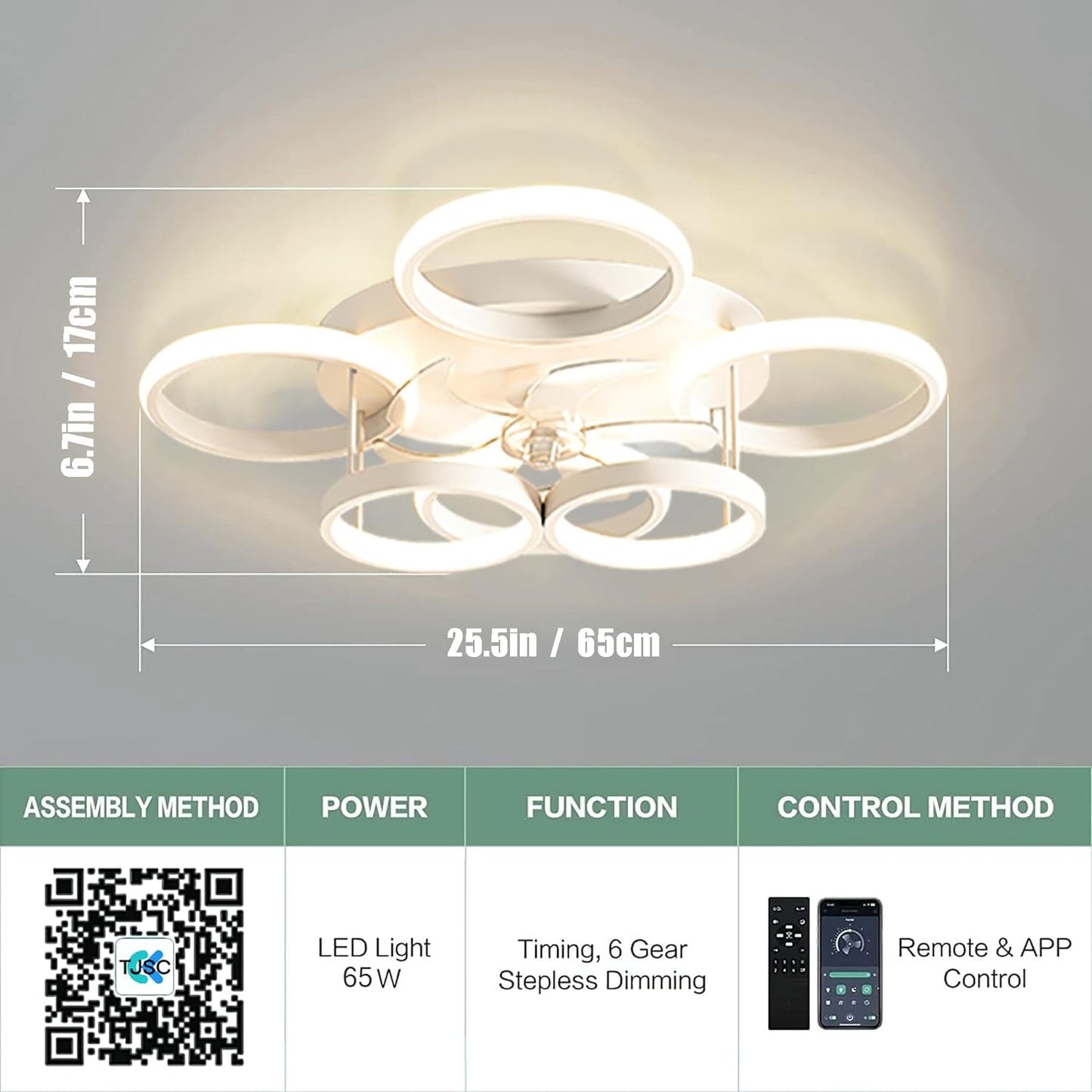 LuxiLamps - 6 Cirkel Plafondventilator - Wit - 6 Snelheden - Dimbaar Met Afstandsbediening en APP - Moderne Smart Lamp Ventilator
