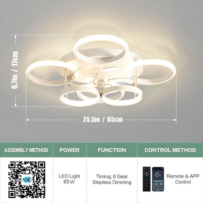 LuxiLamps - 6 Cirkel Plafondventilator - Wit - 6 Snelheden - Dimbaar Met Afstandsbediening en APP - Moderne Smart Lamp Ventilator