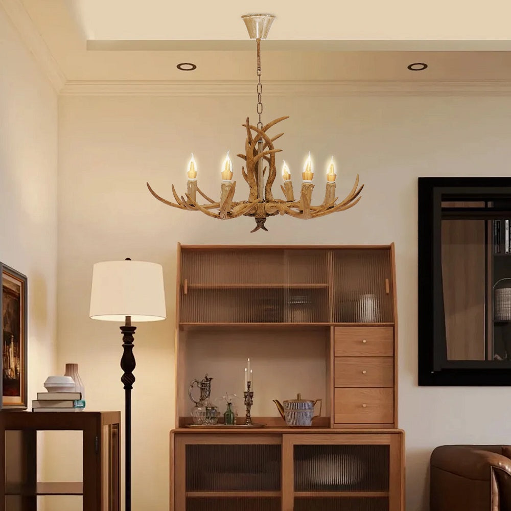 Houten Chandelier - 6 Arm Hout Kroonluchter - Herten Hoorn Stijl - 75 cm - Hanglamp - Woonkamerlamp - Moderne lamp