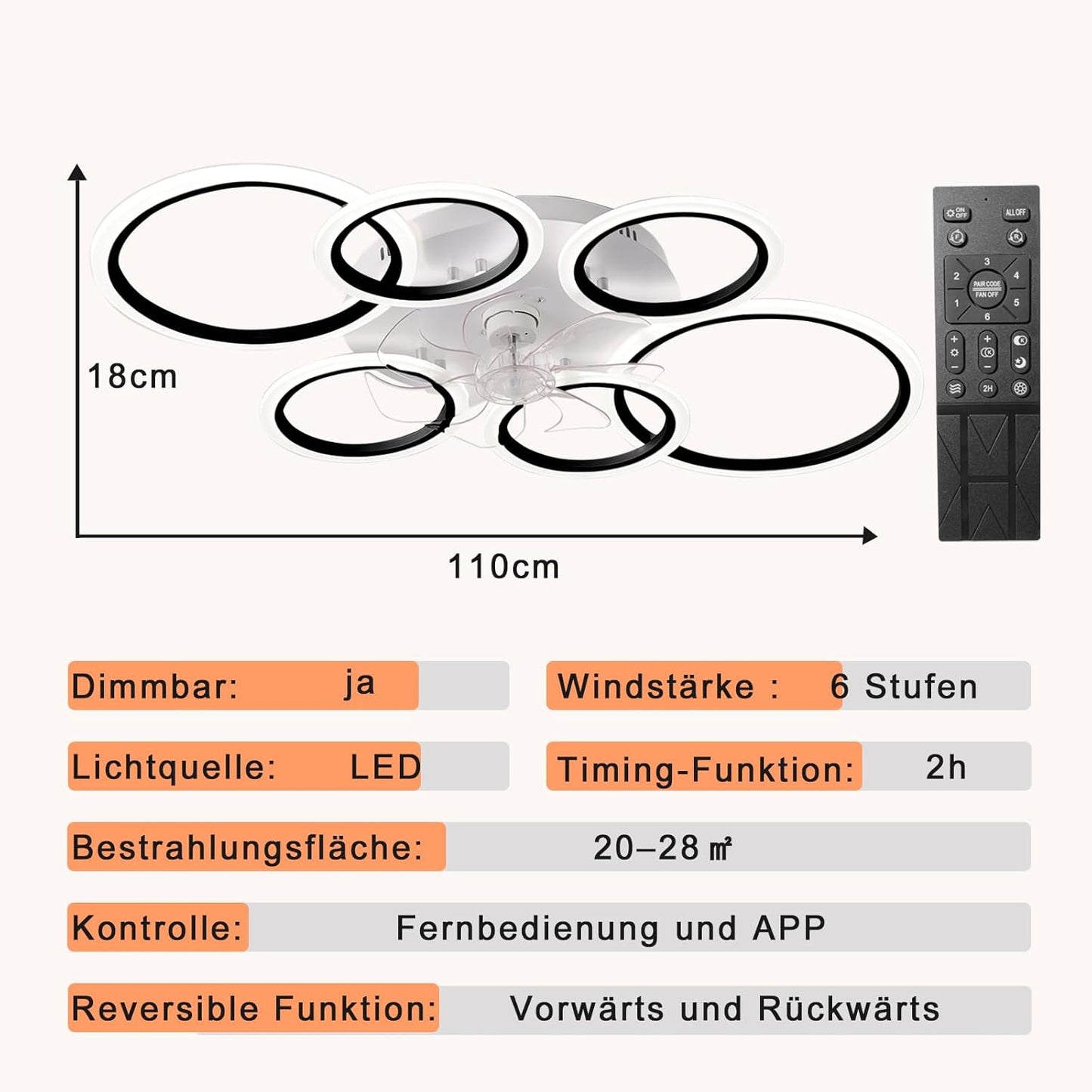 LuxiLamps - 6 Ringen LED Plafondventilator - Zwart - 6 Snelheden - Smart lamp - Dimbaar Met Afstandsbediening & APP - Moderne Cirkel Ventilator Licht - Kroonluchter Ventilator