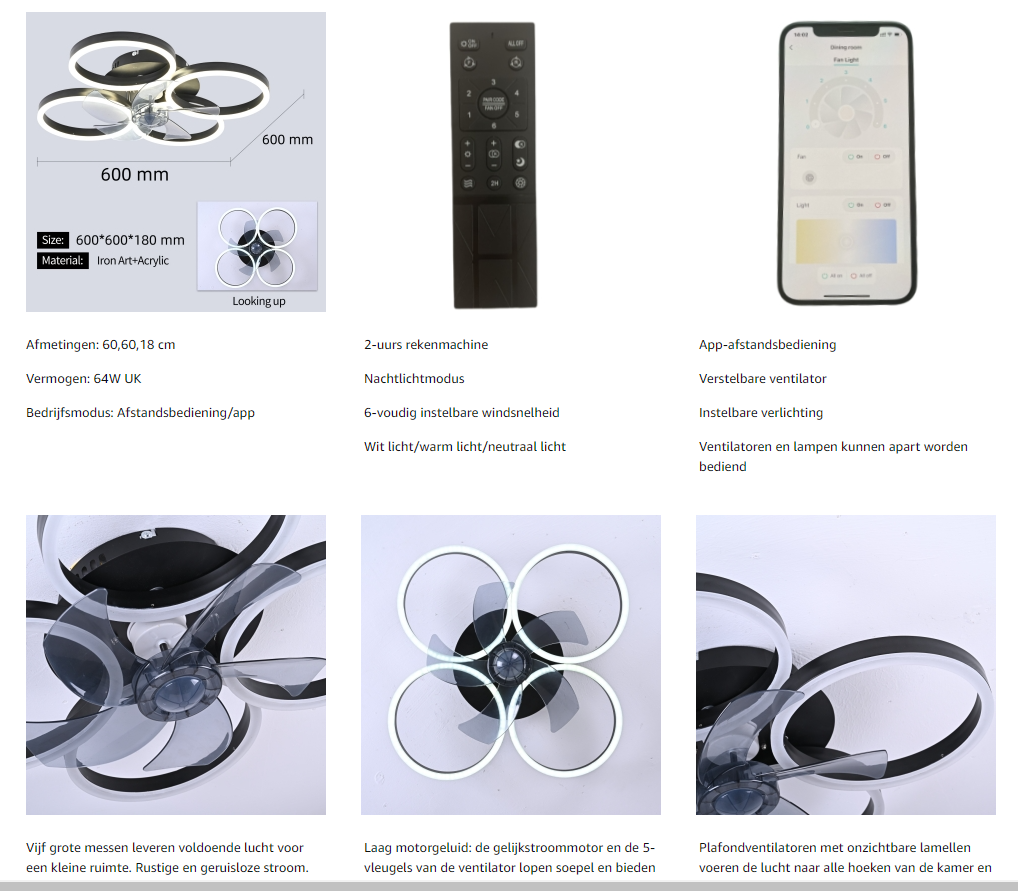 LuxiLamps - 4 Ringen Ventilator - Zwart - 60 cm - Smart Lamp - Kroonluchter - Dimbaar Met Afstandsbediening - 64W