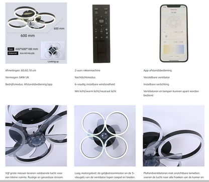 LuxiLamps - 4 Ringen Ventilator - Zwart - 60 cm - Smart Lamp - Kroonluchter - Dimbaar Met Afstandsbediening - 64W