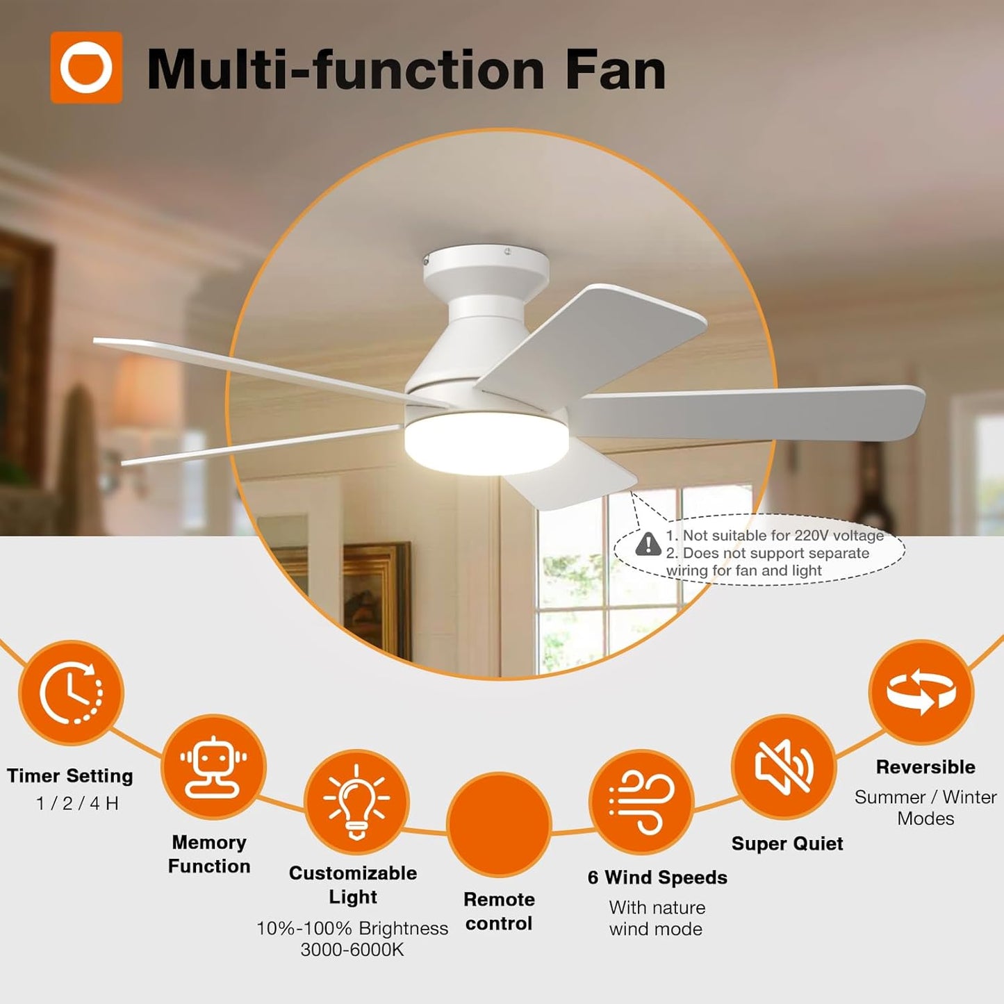 LuxiLamps | 5 Blad Plafondventilator | Met Afstandsbediening | 6 Standen | Geheugenfunctie | Wit/Bruin | Ventilator | 132 cm | Dimbaar | Woonkamerlamp | Moderne lamp