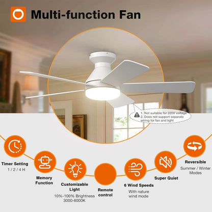 LuxiLamps | 5 Blad Plafondventilator | Met Afstandsbediening | 6 Standen | Geheugenfunctie | Wit/Bruin | Ventilator | 132 cm | Dimbaar | Woonkamerlamp | Moderne lamp