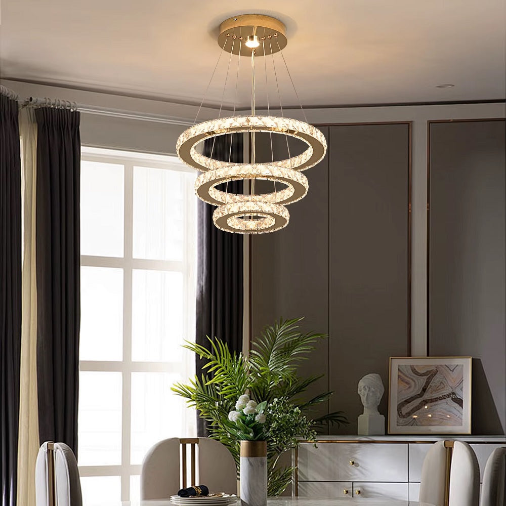 Luxe Kristallen Kroonluchter - Goud - Eettafel Hanglamp - Woonkamerlamp - 3 Ringen - 40 30 20 cm