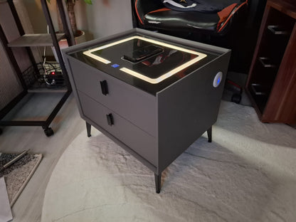 Nachtkast Met LED - 3 USB Poorten - Draadloos Opladen - Grijs - 2 Laden - 50x45x40cm - Slim Nachtkastje - Slaapkamer - 3 Kleuren LED