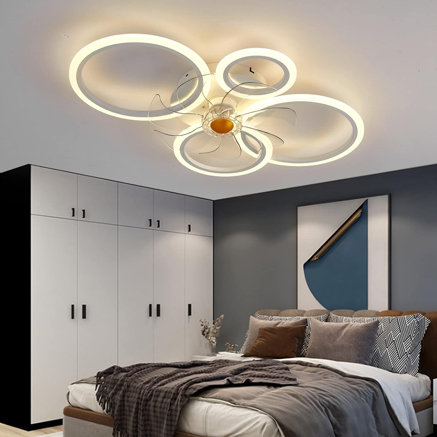 LuxiLamps - 4 Ringen LED Plafondventilator - Wit - 6 Snelheden - Smart lamp - Dimbaar Met Afstandsbediening & APP - Moderne Cirkel Ventilator Licht - Kroonluchter Ventilator