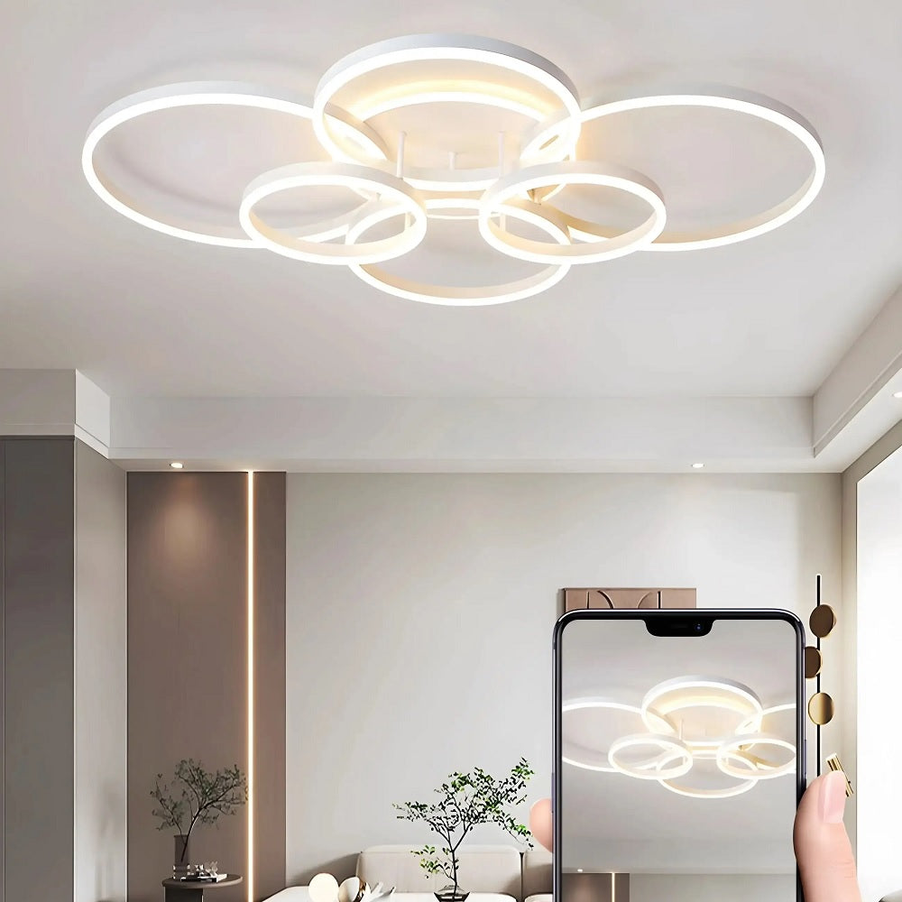 6 Ringen Plafondlamp - Kroonluchter - Wit - Dimbaar Met Afstandsbediening - Woonkamerlamp - 100 cm - LED Moderne Plafondlamp - 130W