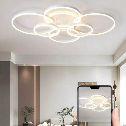 6 Ringen Plafondlamp - Kroonluchter - Wit - Dimbaar Met Afstandsbediening - Woonkamerlamp - 100 cm - LED Moderne Plafondlamp - 130W