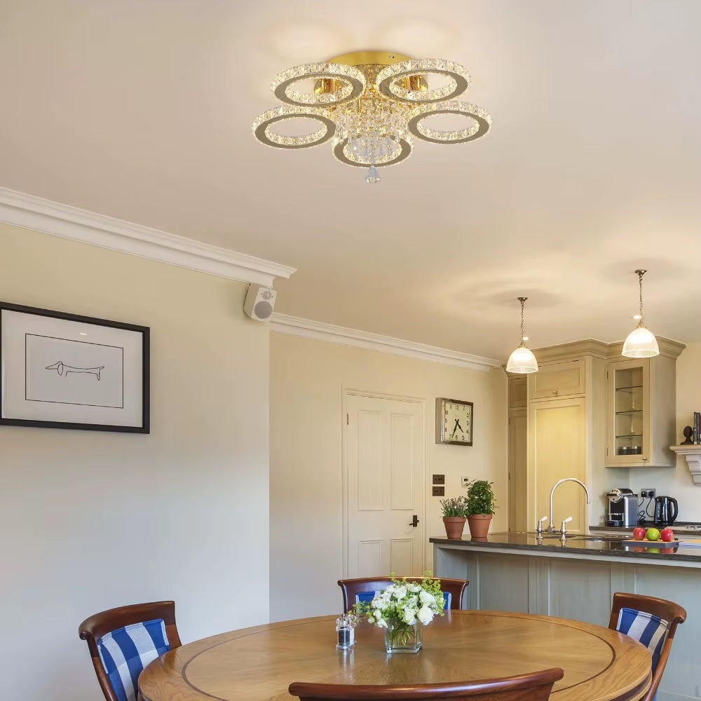 5 Cirkel Gouden Kroonluchter - Dimbaar Met Afstandsbediening - Woonkamerlamp - LED Plafondlamp - Plafonniere - Crystal LED Lamp