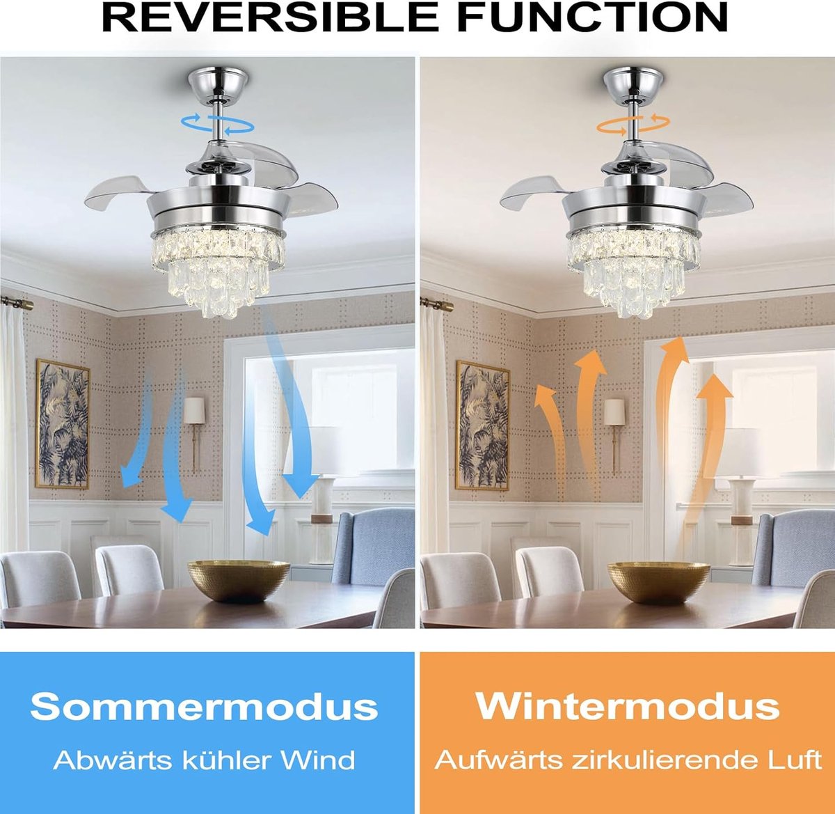 Hanglamp Ventilator - Chroom - 3 Blad - Dimbaar Met Afstandsbediening - 55 cm - 6 Standen - Woonkamer Ventilator Lamp - Plafondventilator - 22 inch