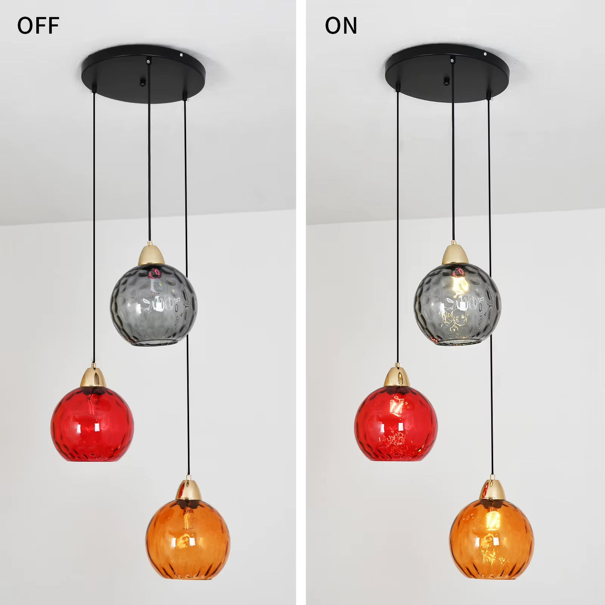 Gekleurde glazen hanglamp in een woonruimte
