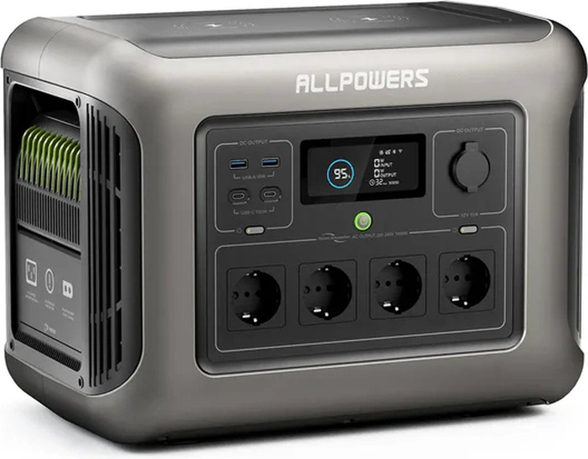 Powerstation R1500WE - Draagbare Powerstation – 1152Wh / 1 Kwh - LiFePO4 Batterij - 1800W - Piek 3000W - 11 Outputs AC/DC & USB - Snellaadfunctie - 4x AC Uitgang – Ideaal voor Huis en Camping - 2x Draadloos Laden - Krachtcentrale - Inclusief APP