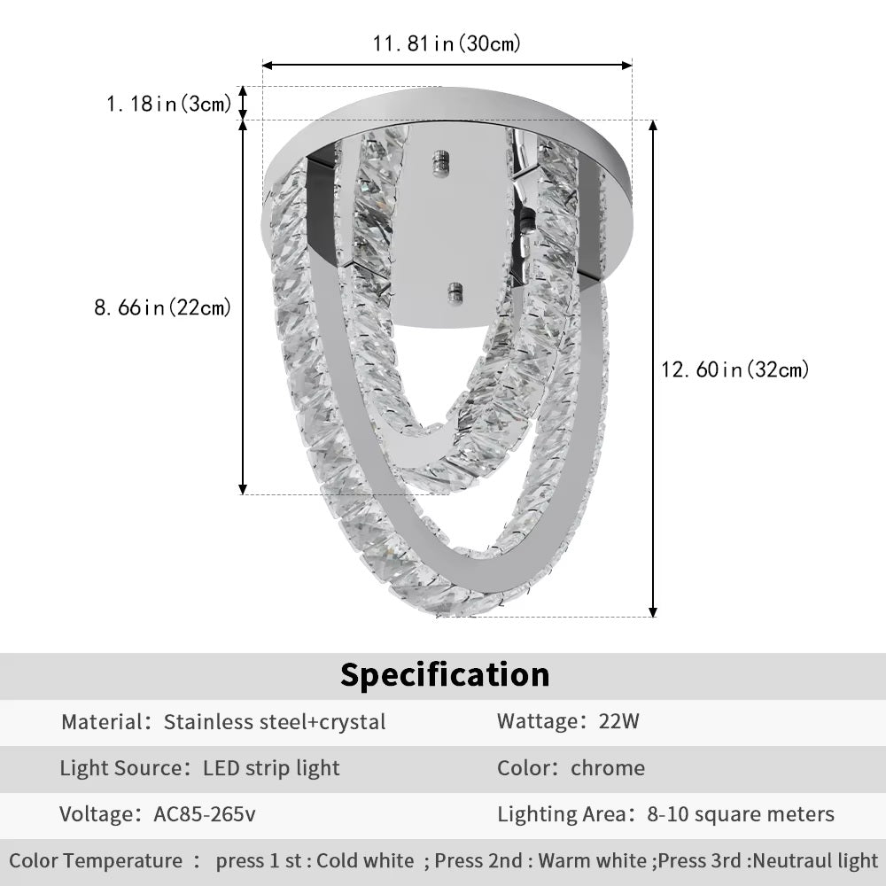 2 Ring Crystal Plafondlamp - Luxe LED Plafondlamp - Chroom - Woondecoratie - 3 Kleuren - Kristallen Kroonluchter - Moderne Plafondlamp - 30 cm