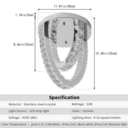 2 Ring Crystal Plafondlamp - Luxe LED Plafondlamp - Chroom - Woondecoratie - 3 Kleuren - Kristallen Kroonluchter - Moderne Plafondlamp - 30 cm