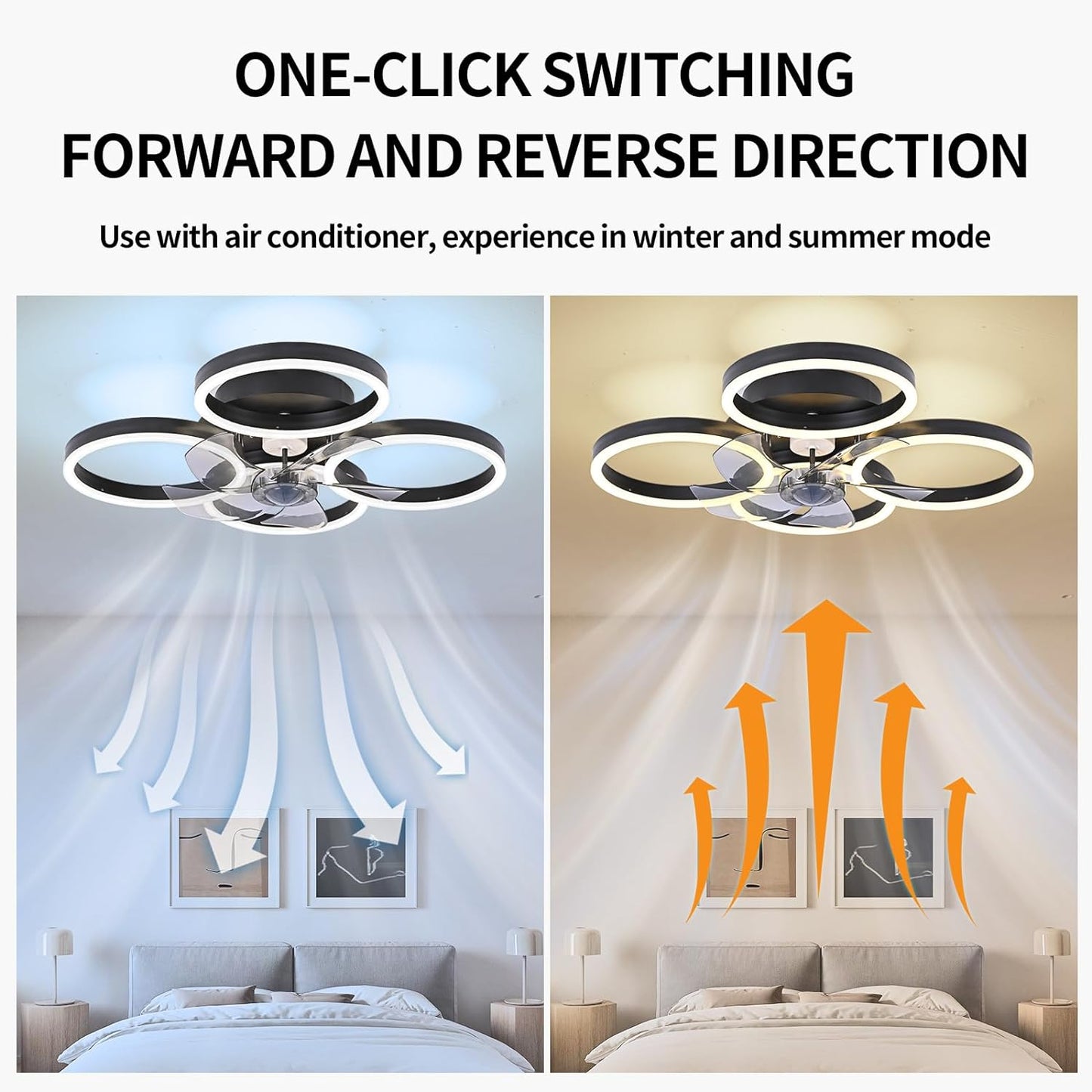 LuxiLamps - 4 Ringen Ventilator - Zwart - 60 cm - Smart Lamp - Kroonluchter - Dimbaar Met Afstandsbediening - 64W