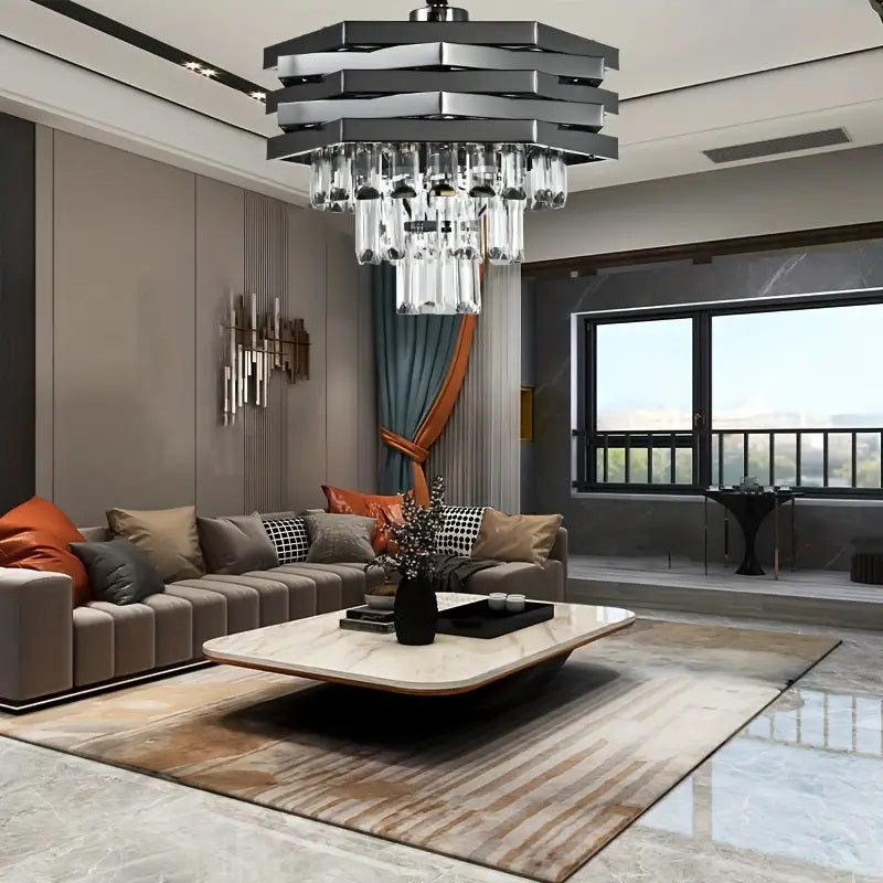 Kristallen Kroonluchter - Crystal Chandelier - Zwart - Hanglamp - Woonkamerlamp - Moderne lamp - Plafonniere