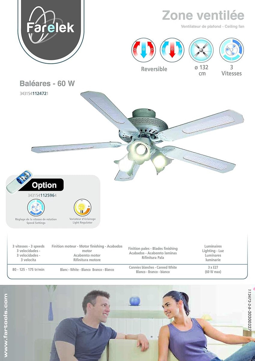 LuxiLamps - 5 Kop Bloem Plafondventilator - Dimbaar Met Afstandsbediening - E27 - 3 Snelheden - Wit - 132 cm - Slimme Ventilator