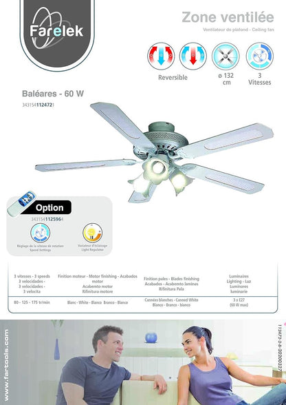 LuxiLamps - 5 Kop Bloem Plafondventilator - Dimbaar Met Afstandsbediening - E27 - 3 Snelheden - Wit - 132 cm - Slimme Ventilator