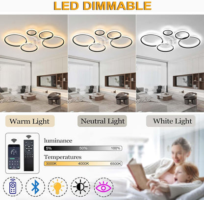 LuxiLamps - 5 Rings Ceiling Fan - White - 6 Speeds - Dimmable With Remote Control and APP - Modern Circle Fan Light