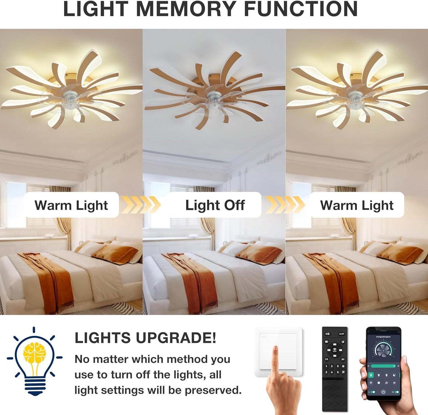 LuxiLamps - 5 Wing Fan Lamp - Dimmable With Remote Control - Gold - Ceiling Fan With LED - Living Room Lamp - Modern Lamp - Ceiling Lamp