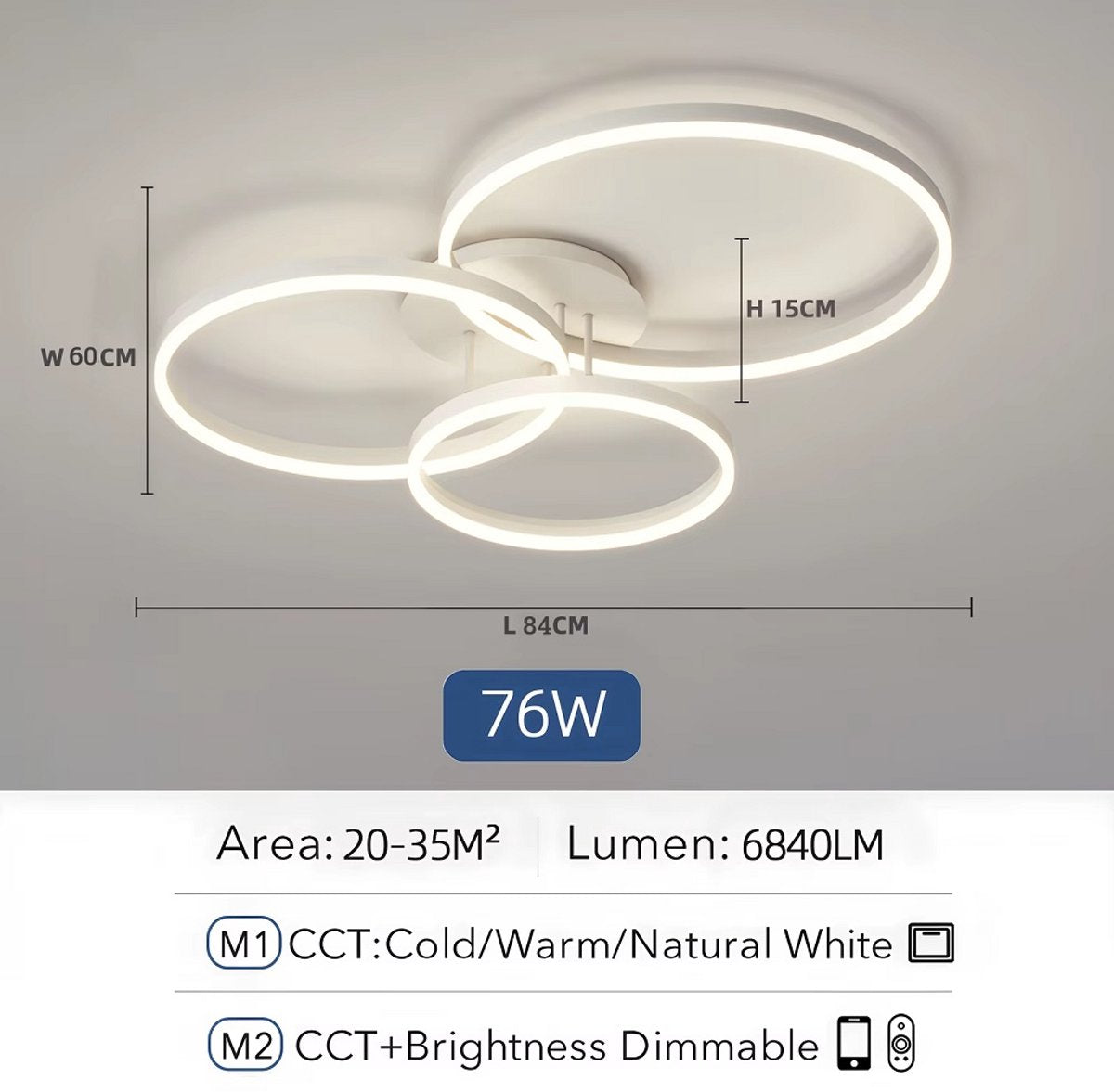 Led Plafondlamp - 3 Ringen - Dimbaar met Afstandsbediening - 76 Watt - Modern Design - Wit - Plafonniere - Modern - Woonkamer - Eettafel - Keuken - Slaapkamer