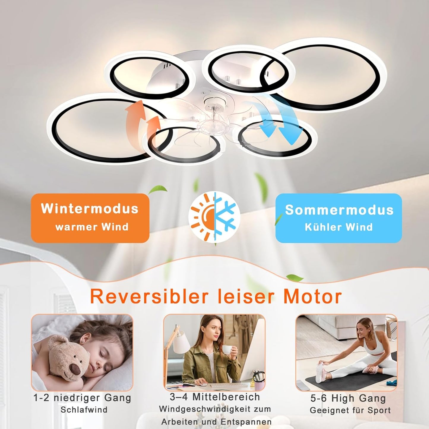 LuxiLamps - 6 Ringen LED Plafondventilator - Zwart - 6 Snelheden - Smart lamp - Dimbaar Met Afstandsbediening & APP - Moderne Cirkel Ventilator Licht - Kroonluchter Ventilator