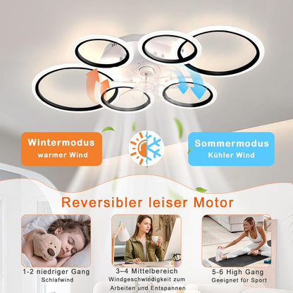 LuxiLamps - 6 Ringen LED Plafondventilator - Zwart - 6 Snelheden - Smart lamp - Dimbaar Met Afstandsbediening & APP - Moderne Cirkel Ventilator Licht - Kroonluchter Ventilator