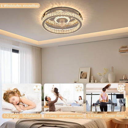Ventilator Lamp - Plafondventilator - Chroom - Smart Lamp - Dimbaar - 6 Standen - Crystal Ventilator - Keuken Lamp - Woonkamerlamp - Moderne lamp