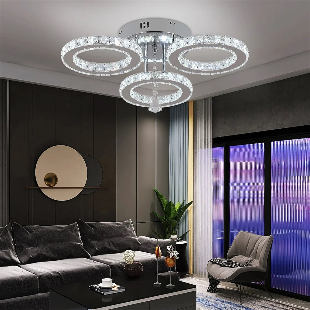 LuxiLamps - 3 Cirkel Chroom Kroonluchter - Dimbaar Met Afstandsbediening - Woonkamerlamp - LED Plafondlamp - Plafonniere - Crystal LED Lamp