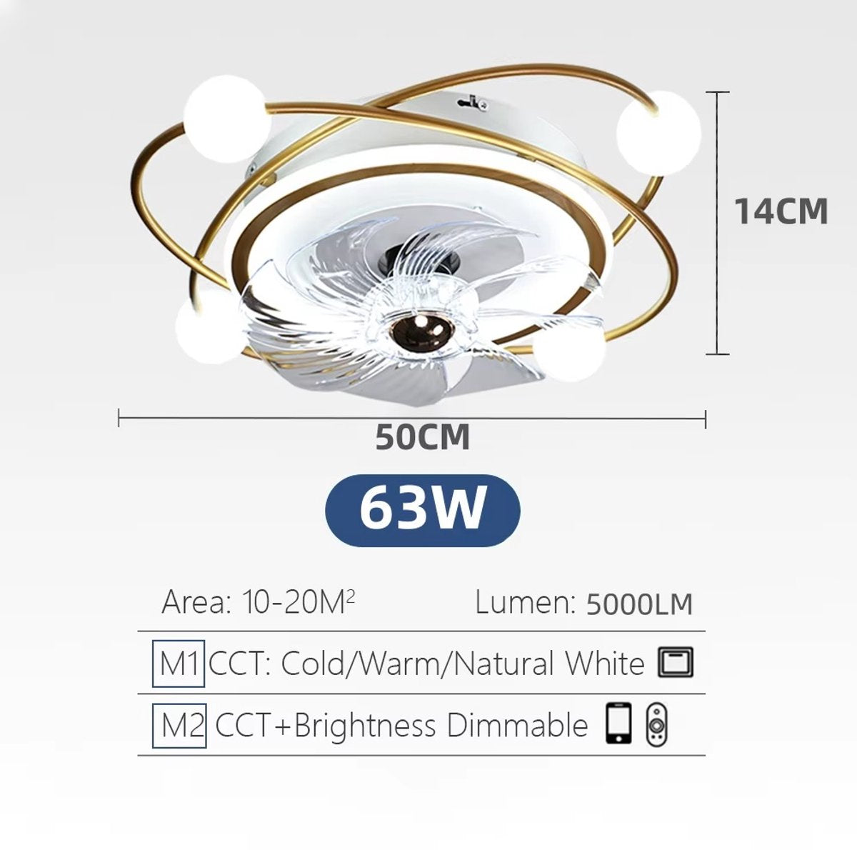 Krullen Ventilator Plafondlamp - Plafondventilator 50 cm - Goud - Smart Lamp - Met Dimmer - 6 Standen Ventilator - Keuken Lamp - Woonkamerlamp - Moderne Lamp - Slaapkamer Lamp Ventilator