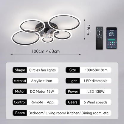 LuxiLamps - 5 Rings Ceiling Fan - Black - 6 Speeds - Dimmable With Remote Control and APP - Modern Circle Fan Light