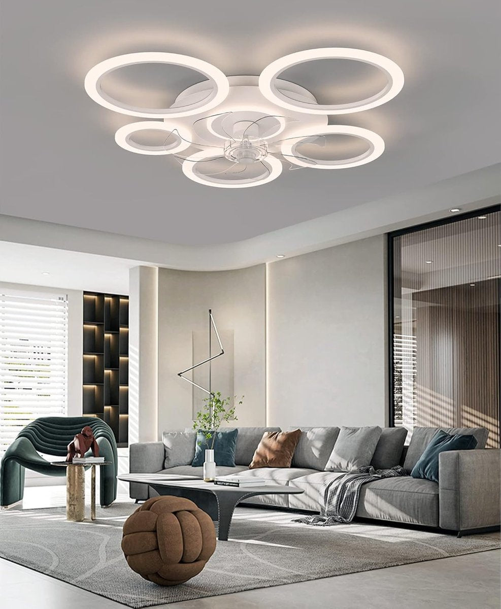 6 Ringen Plafondventilator - Wit - 6 Snelheden - Dimbaar Met Afstandsbediening en APP - Moderne Cirkel Ventilator Licht