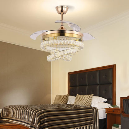 3 Ring Crystal Ventilator Lamp - Met Afstandsbediening - Stille Ventilator - 106 cm - Goud - Timer - Woonkamerlamp Ventilator - Moderne Plafond Ventilator Lamp - Kroonluchter Ventilator