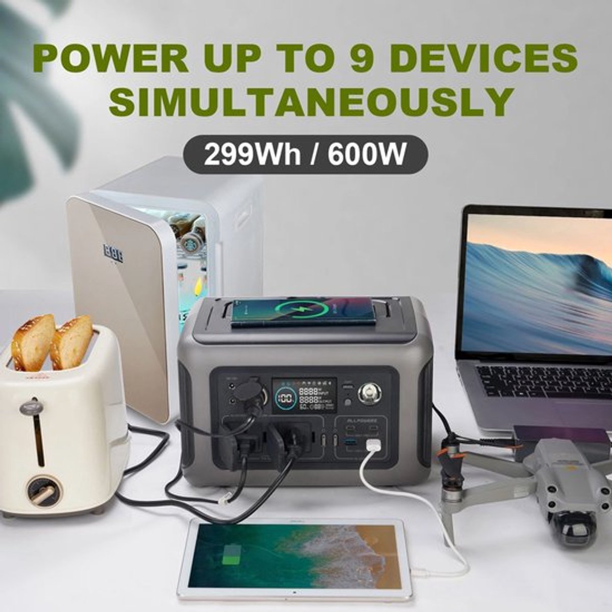 Allpowers® - R600 Powerstation + 200W Zonnepaneel Set - 600W Draagbare Accu - 299Wh LFP Batterij - 10 Apparaten Gelijktijdig Opladen - 220V Zuivere Sinus AC-uitgang - Inclusief Opvouwbaar Zonnepaneel