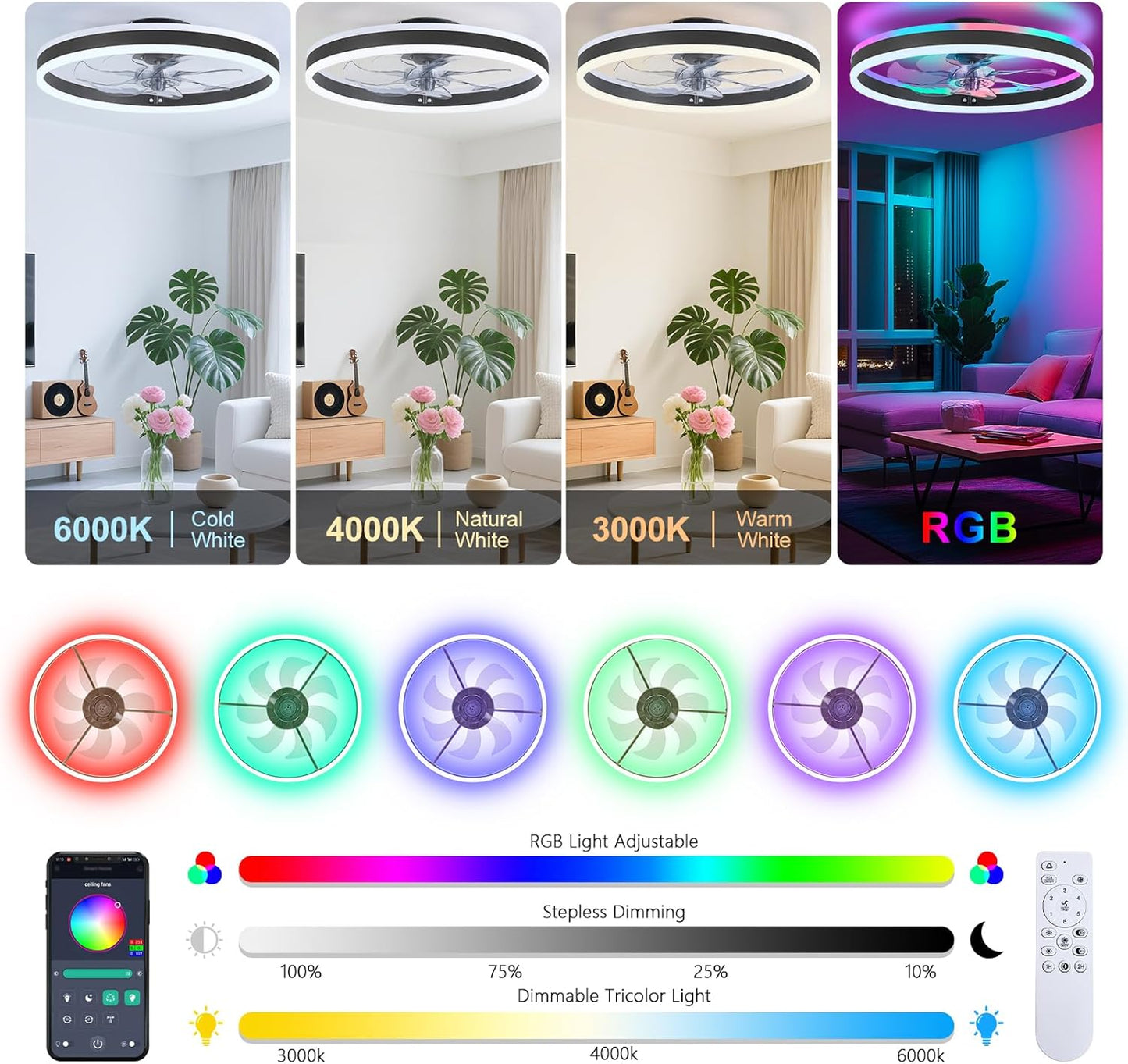 LuxiLamps - Plafondventilator Lamp - RGB - Smart Lamp - 6 Standen - Dimbaar - Kroonluchter Ventilator - Chandelier Fan - Woonkamer Lamp - Ventilator Lampen - Stille Motor