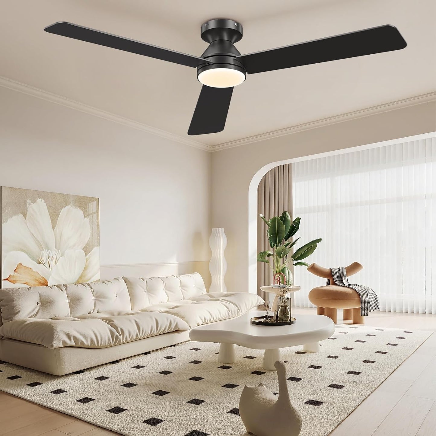 LuxiLamps - 3 Blad Plafondventilator - Moderne LED Ventilator Lamp - 6 Snelheden - Bedienbaar Met Afstandsbediening - 132 cm - Zwart - Woonkamerlamp