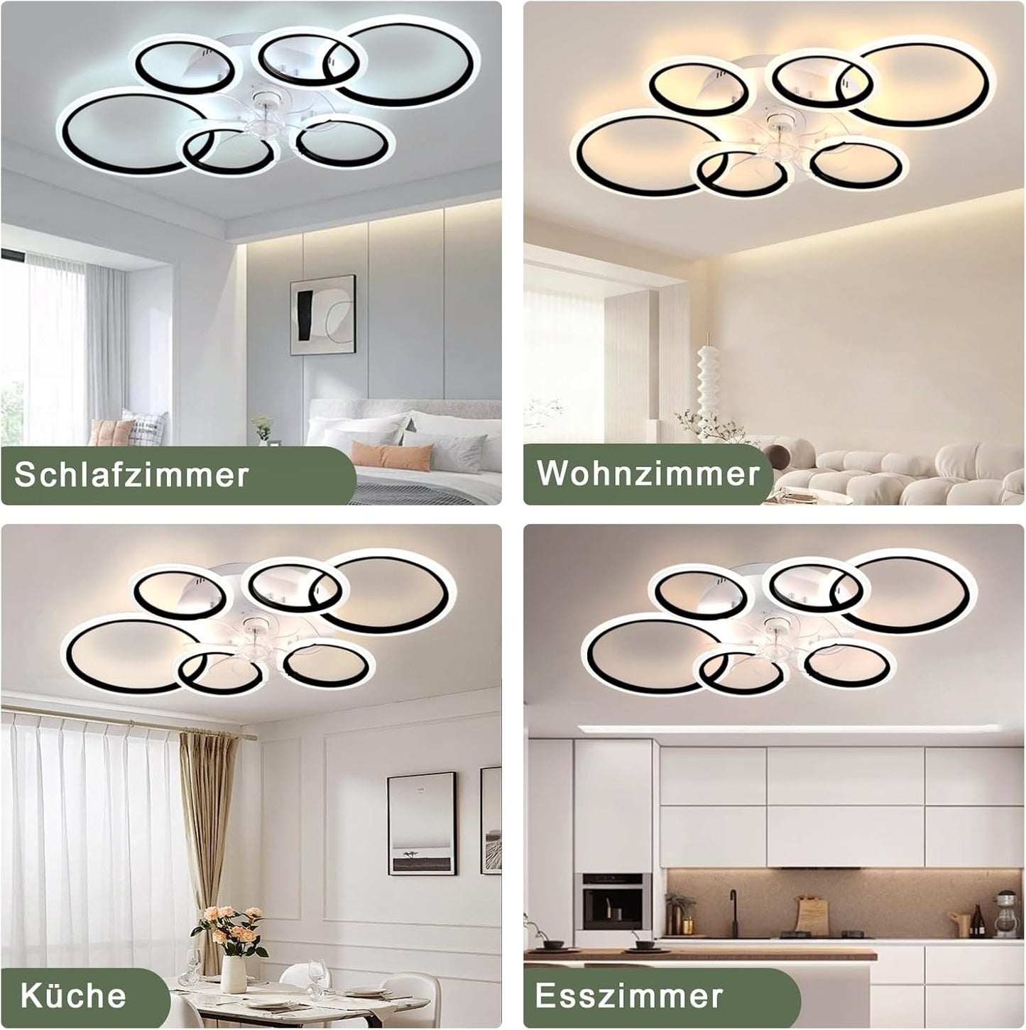 LuxiLamps - 6 Ringen LED Plafondventilator - Zwart - 6 Snelheden - Smart lamp - Dimbaar Met Afstandsbediening & APP - Moderne Cirkel Ventilator Licht - Kroonluchter Ventilator