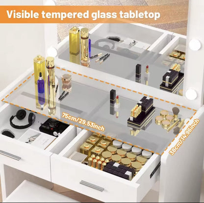 Kaptafel Met Kruk - Make up tafel - Kaptafel Met LED Spiegel - 2 Laden - Met Glas - Cosmeticatafel - Modern - Wit - Met 8 LED Lampen