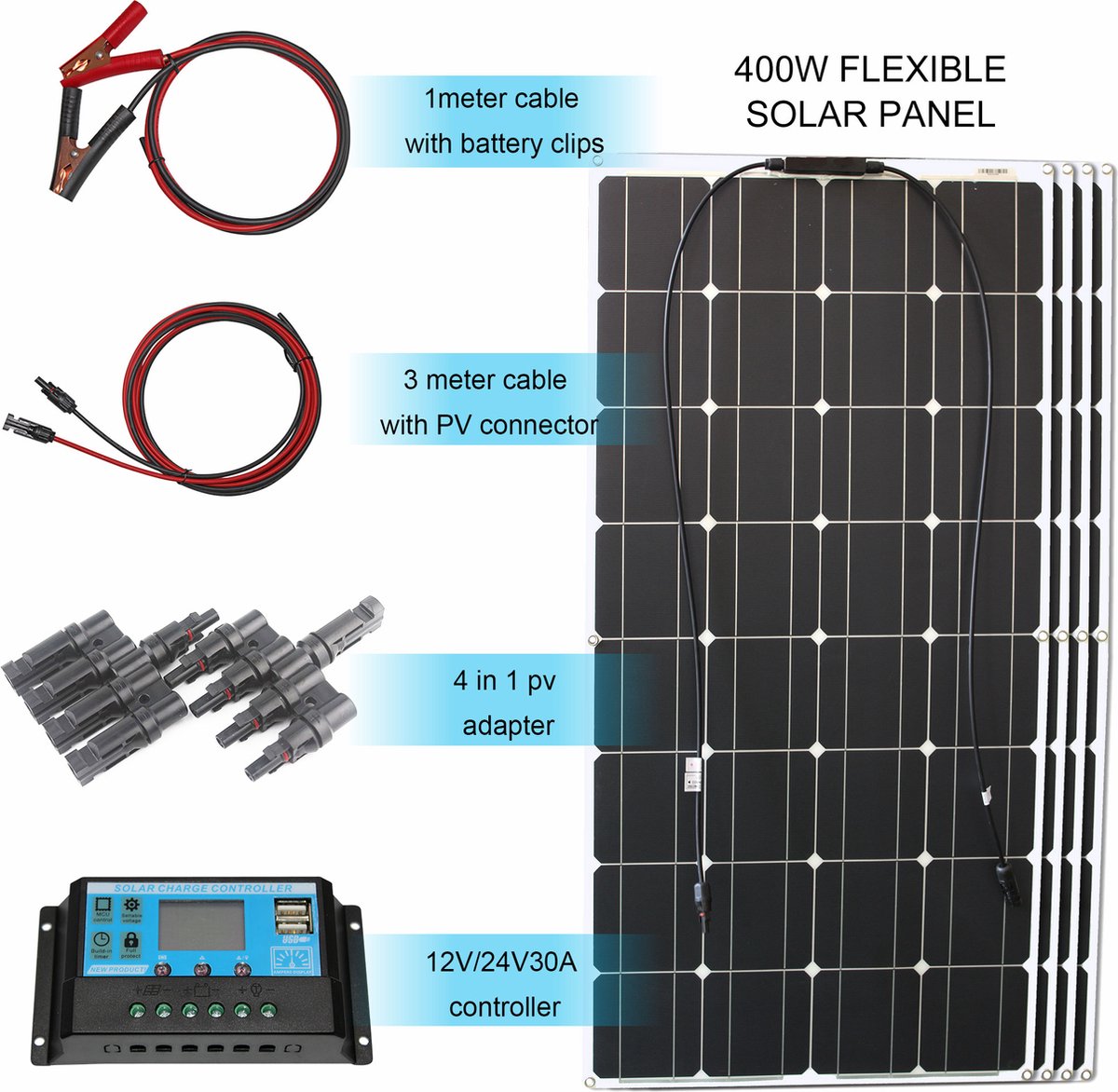 Zonnepanelen Compleet Pakket 400 Watt - 12 Volt - Camper - Plat Dak - Met Accu + Laadregelaar + Stekkers