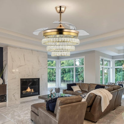 3 Ring Crystal Ventilator Lamp - Met Afstandsbediening - Stille Ventilator - 106 cm - Goud - Timer - Woonkamerlamp Ventilator - Moderne Plafond Ventilator Lamp - Kroonluchter Ventilator